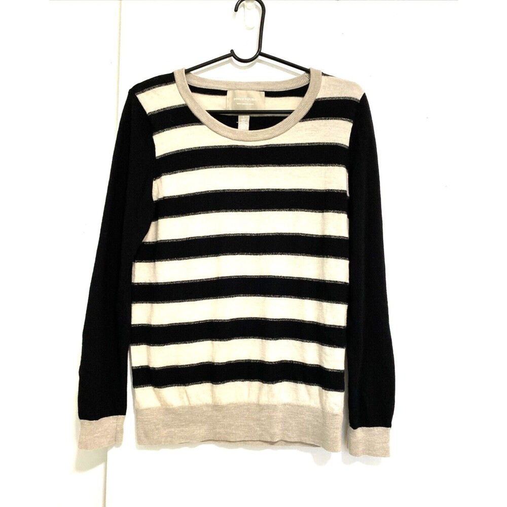 Banana Republic Sweater Size L Italian Merino Wool Womens Beige Black Stirped